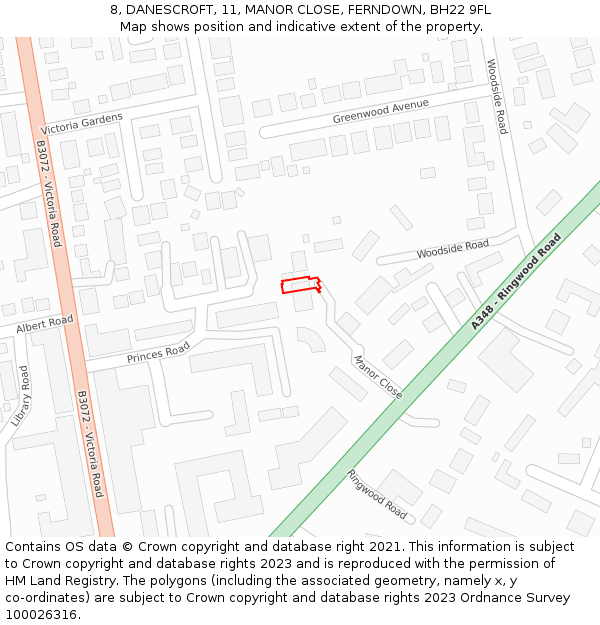 8, DANESCROFT, 11, MANOR CLOSE, FERNDOWN, BH22 9FL: Location map and indicative extent of plot