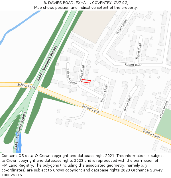 8, DAVIES ROAD, EXHALL, COVENTRY, CV7 9GJ: Location map and indicative extent of plot