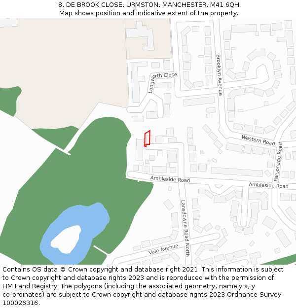 8, DE BROOK CLOSE, URMSTON, MANCHESTER, M41 6QH: Location map and indicative extent of plot