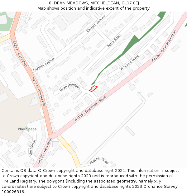 8, DEAN MEADOWS, MITCHELDEAN, GL17 0EJ: Location map and indicative extent of plot