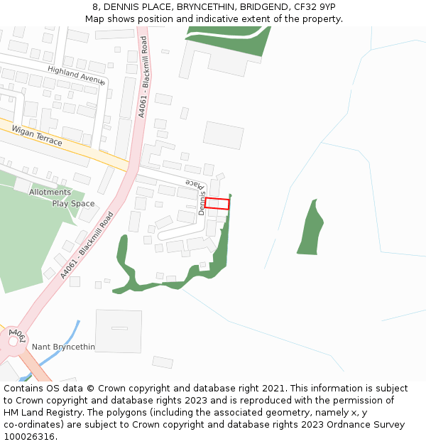 8, DENNIS PLACE, BRYNCETHIN, BRIDGEND, CF32 9YP: Location map and indicative extent of plot