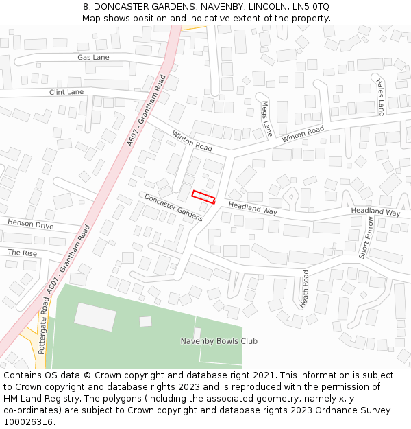 8, DONCASTER GARDENS, NAVENBY, LINCOLN, LN5 0TQ: Location map and indicative extent of plot