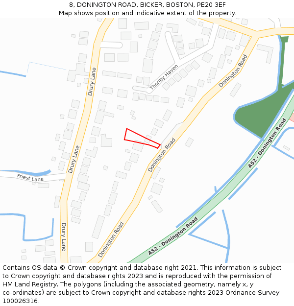 8, DONINGTON ROAD, BICKER, BOSTON, PE20 3EF: Location map and indicative extent of plot