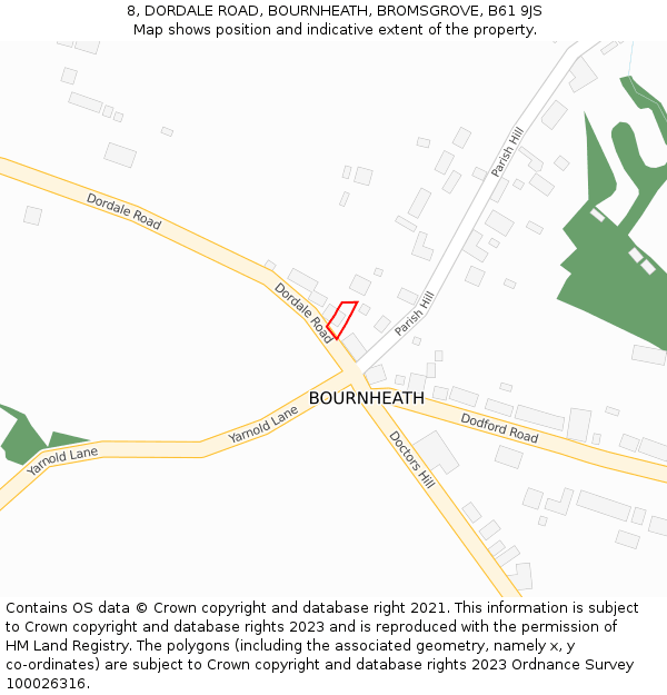 8, DORDALE ROAD, BOURNHEATH, BROMSGROVE, B61 9JS: Location map and indicative extent of plot