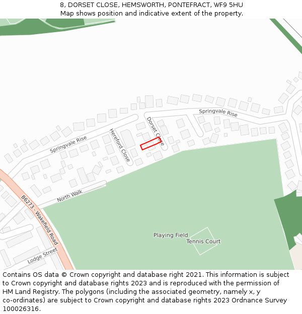 8, DORSET CLOSE, HEMSWORTH, PONTEFRACT, WF9 5HU: Location map and indicative extent of plot