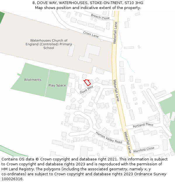 8, DOVE WAY, WATERHOUSES, STOKE-ON-TRENT, ST10 3HG: Location map and indicative extent of plot