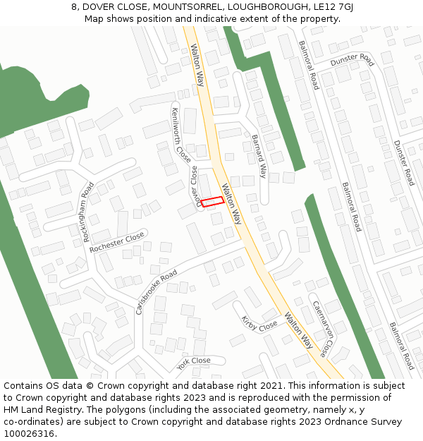 8, DOVER CLOSE, MOUNTSORREL, LOUGHBOROUGH, LE12 7GJ: Location map and indicative extent of plot