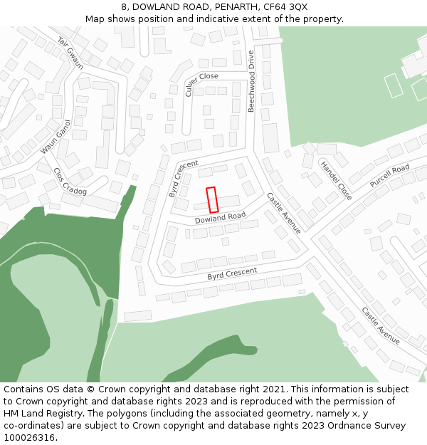 8, DOWLAND ROAD, PENARTH, CF64 3QX: Location map and indicative extent of plot