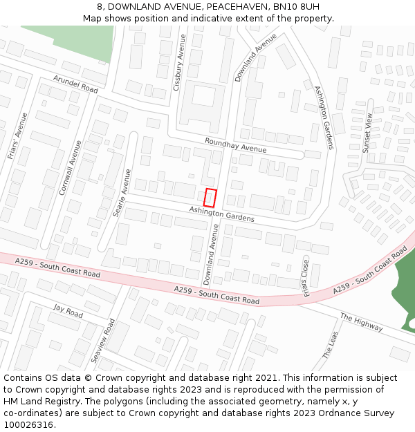 8, DOWNLAND AVENUE, PEACEHAVEN, BN10 8UH: Location map and indicative extent of plot