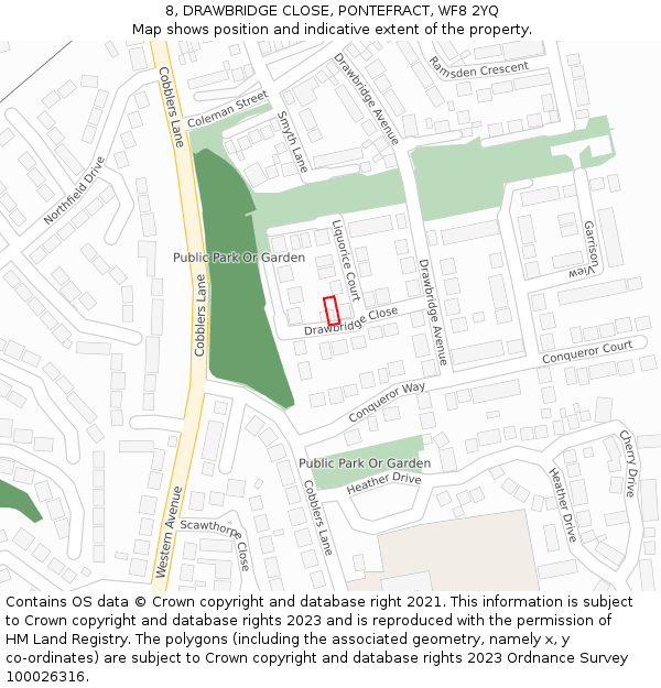 8, DRAWBRIDGE CLOSE, PONTEFRACT, WF8 2YQ: Location map and indicative extent of plot