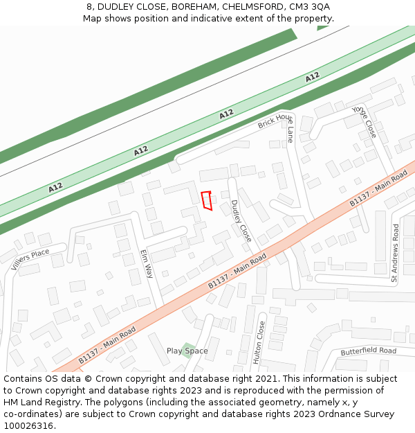 8, DUDLEY CLOSE, BOREHAM, CHELMSFORD, CM3 3QA: Location map and indicative extent of plot