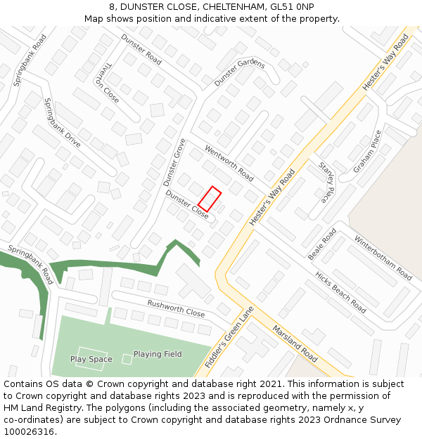8, DUNSTER CLOSE, CHELTENHAM, GL51 0NP: Location map and indicative extent of plot