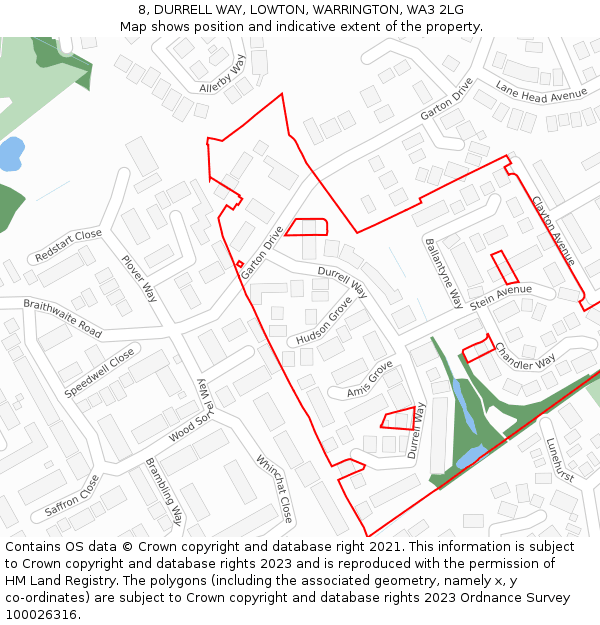 8, DURRELL WAY, LOWTON, WARRINGTON, WA3 2LG: Location map and indicative extent of plot