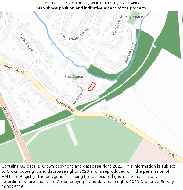 8, EDGELEY GARDENS, WHITCHURCH, SY13 4NG: Location map and indicative extent of plot