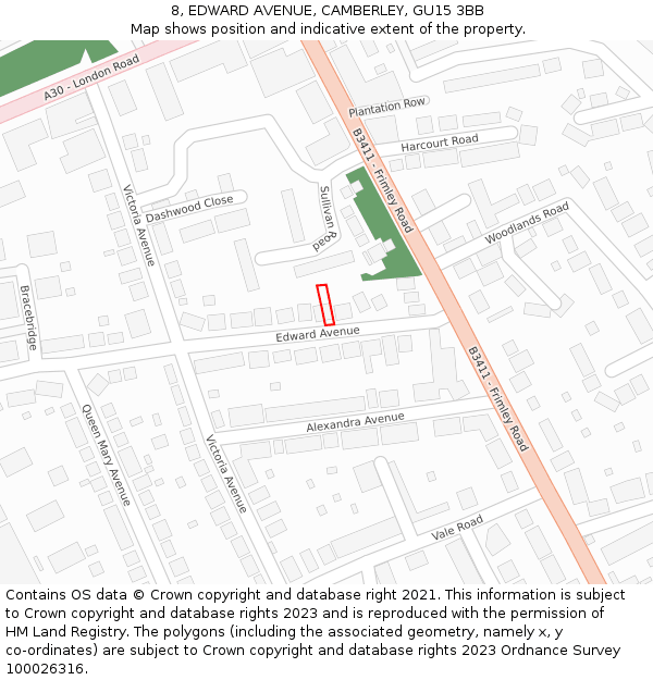 8, EDWARD AVENUE, CAMBERLEY, GU15 3BB: Location map and indicative extent of plot
