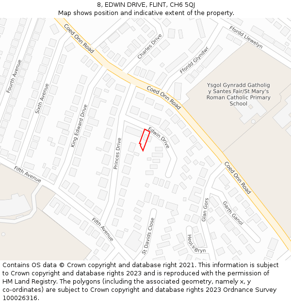 8, EDWIN DRIVE, FLINT, CH6 5QJ: Location map and indicative extent of plot
