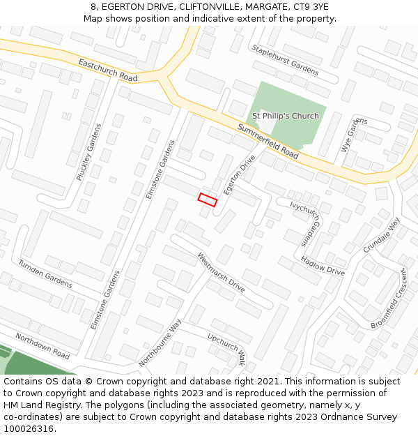 8, EGERTON DRIVE, CLIFTONVILLE, MARGATE, CT9 3YE: Location map and indicative extent of plot