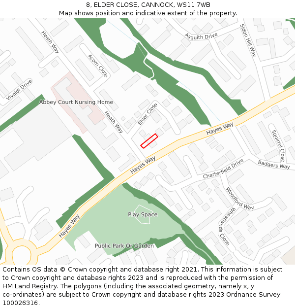 8, ELDER CLOSE, CANNOCK, WS11 7WB: Location map and indicative extent of plot