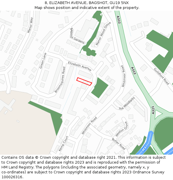 8, ELIZABETH AVENUE, BAGSHOT, GU19 5NX: Location map and indicative extent of plot