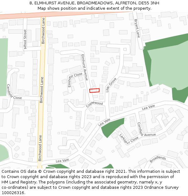8, ELMHURST AVENUE, BROADMEADOWS, ALFRETON, DE55 3NH: Location map and indicative extent of plot
