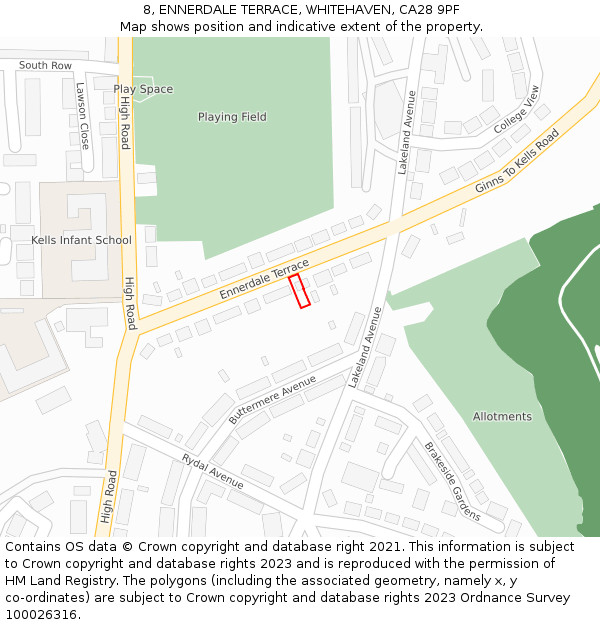 8, ENNERDALE TERRACE, WHITEHAVEN, CA28 9PF: Location map and indicative extent of plot