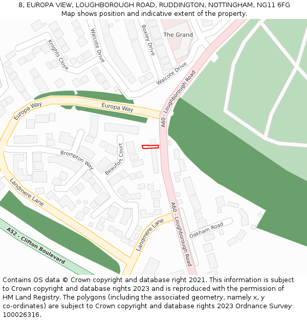 8, EUROPA VIEW, LOUGHBOROUGH ROAD, RUDDINGTON, NOTTINGHAM, NG11 6FG: Location map and indicative extent of plot