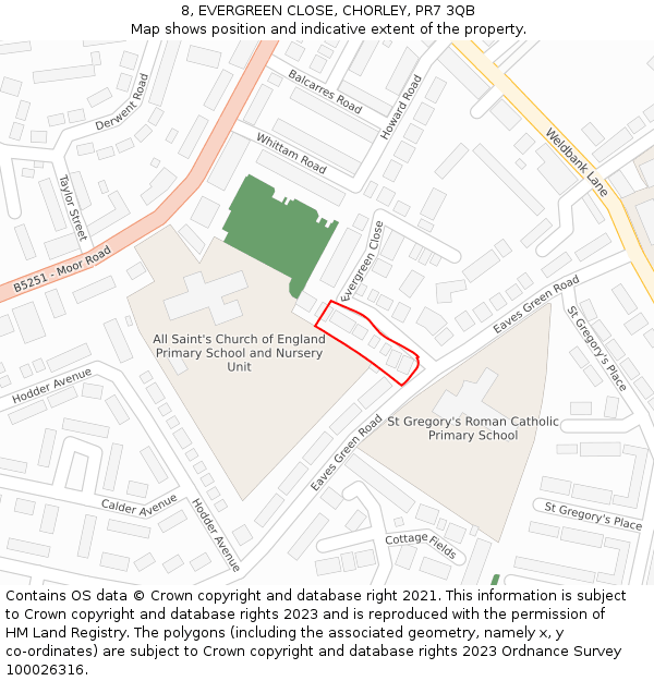 8, EVERGREEN CLOSE, CHORLEY, PR7 3QB: Location map and indicative extent of plot