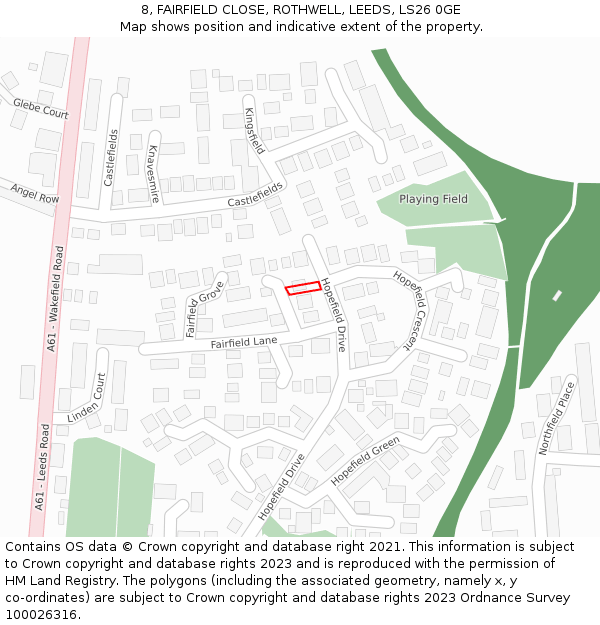 8, FAIRFIELD CLOSE, ROTHWELL, LEEDS, LS26 0GE: Location map and indicative extent of plot