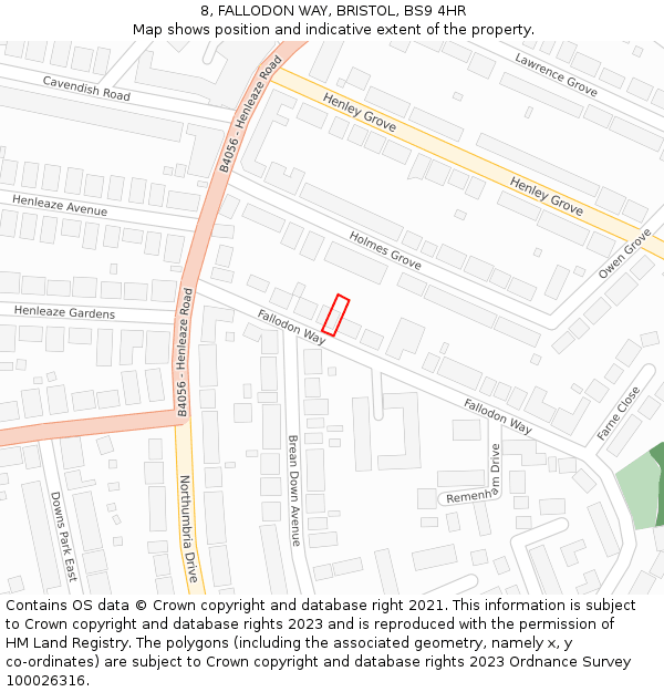 8, FALLODON WAY, BRISTOL, BS9 4HR: Location map and indicative extent of plot