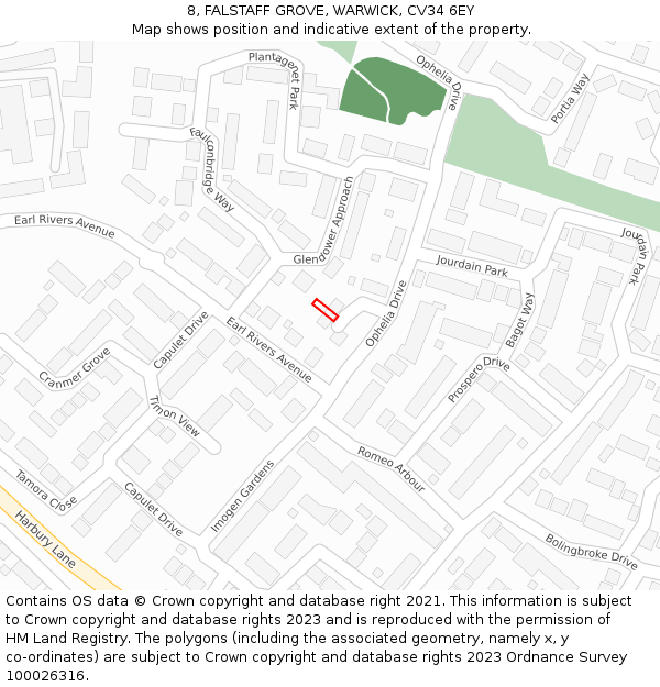 8, FALSTAFF GROVE, WARWICK, CV34 6EY: Location map and indicative extent of plot