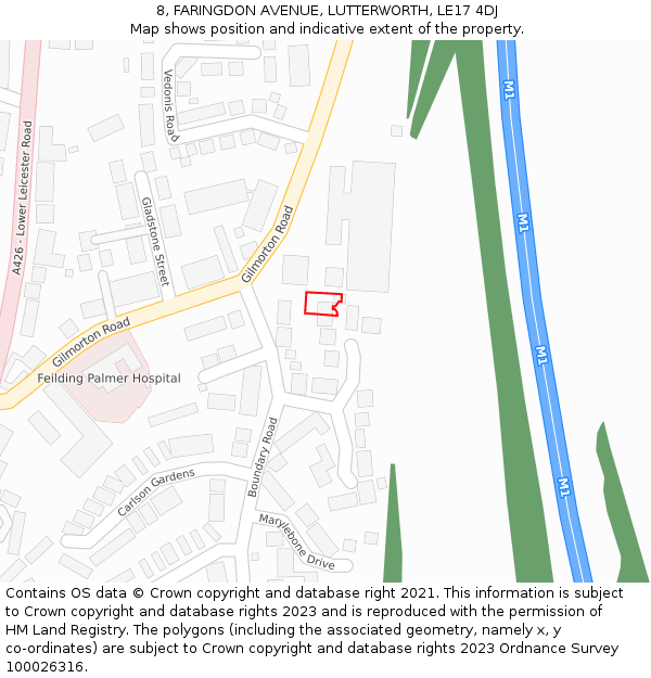 8, FARINGDON AVENUE, LUTTERWORTH, LE17 4DJ: Location map and indicative extent of plot