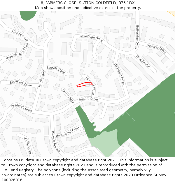 8, FARMERS CLOSE, SUTTON COLDFIELD, B76 1DX: Location map and indicative extent of plot