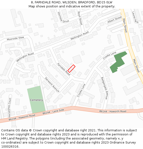 8, FARNDALE ROAD, WILSDEN, BRADFORD, BD15 0LW: Location map and indicative extent of plot