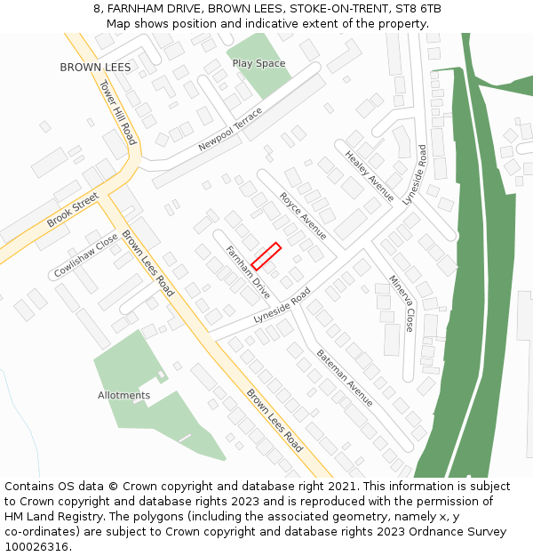 8, FARNHAM DRIVE, BROWN LEES, STOKE-ON-TRENT, ST8 6TB: Location map and indicative extent of plot