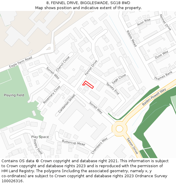 8, FENNEL DRIVE, BIGGLESWADE, SG18 8WD: Location map and indicative extent of plot