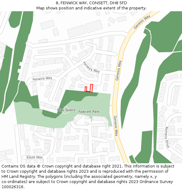 8, FENWICK WAY, CONSETT, DH8 5FD: Location map and indicative extent of plot