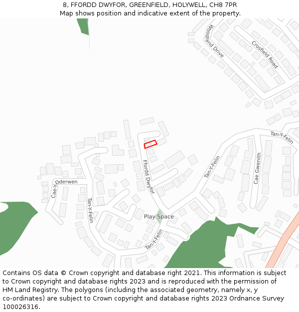 8, FFORDD DWYFOR, GREENFIELD, HOLYWELL, CH8 7PR: Location map and indicative extent of plot