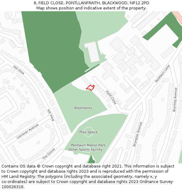 8, FIELD CLOSE, PONTLLANFRAITH, BLACKWOOD, NP12 2PD: Location map and indicative extent of plot