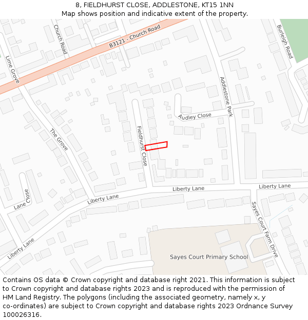 8, FIELDHURST CLOSE, ADDLESTONE, KT15 1NN: Location map and indicative extent of plot