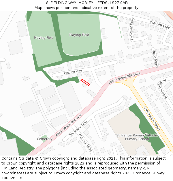8, FIELDING WAY, MORLEY, LEEDS, LS27 9AB: Location map and indicative extent of plot