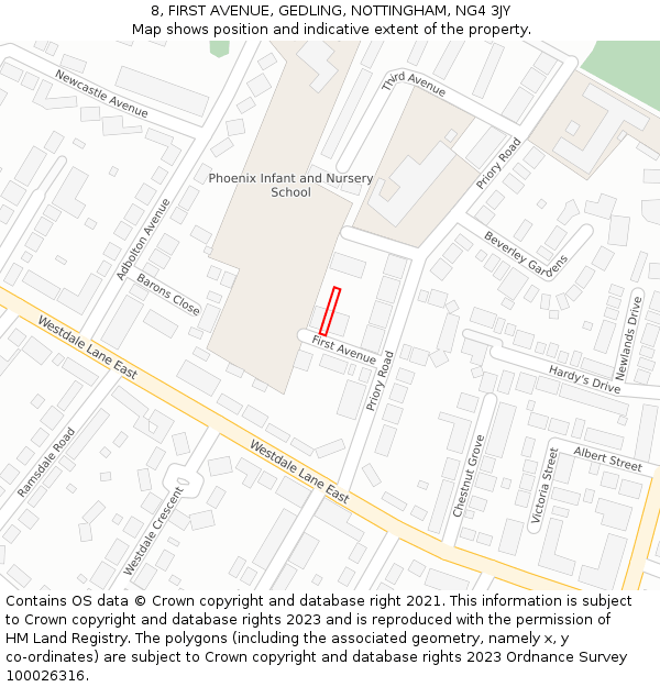 8, FIRST AVENUE, GEDLING, NOTTINGHAM, NG4 3JY: Location map and indicative extent of plot