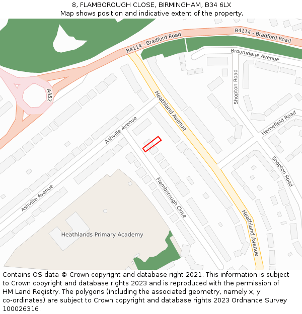 8, FLAMBOROUGH CLOSE, BIRMINGHAM, B34 6LX: Location map and indicative extent of plot