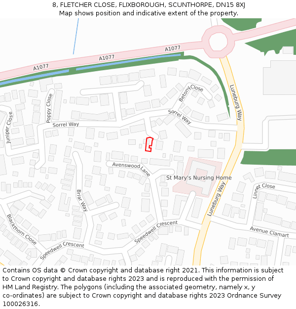 8, FLETCHER CLOSE, FLIXBOROUGH, SCUNTHORPE, DN15 8XJ: Location map and indicative extent of plot