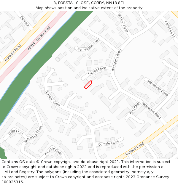 8, FORSTAL CLOSE, CORBY, NN18 8EL: Location map and indicative extent of plot