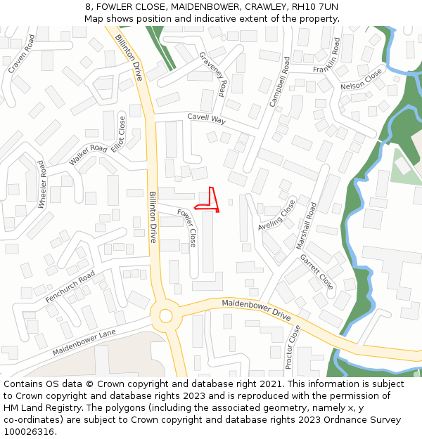 8, FOWLER CLOSE, MAIDENBOWER, CRAWLEY, RH10 7UN: Location map and indicative extent of plot