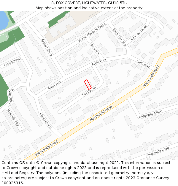 8, FOX COVERT, LIGHTWATER, GU18 5TU: Location map and indicative extent of plot