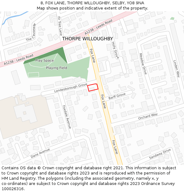 8, FOX LANE, THORPE WILLOUGHBY, SELBY, YO8 9NA: Location map and indicative extent of plot