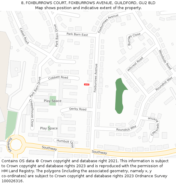 8, FOXBURROWS COURT, FOXBURROWS AVENUE, GUILDFORD, GU2 8LD: Location map and indicative extent of plot