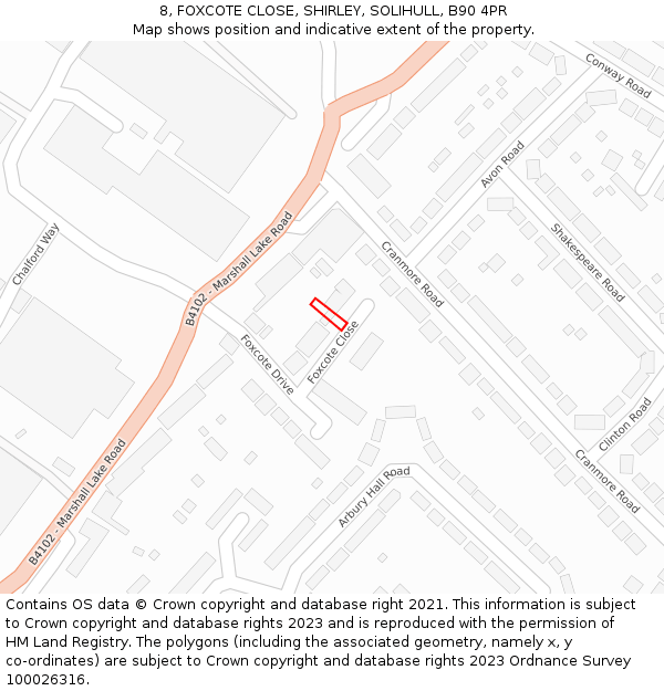 8, FOXCOTE CLOSE, SHIRLEY, SOLIHULL, B90 4PR: Location map and indicative extent of plot