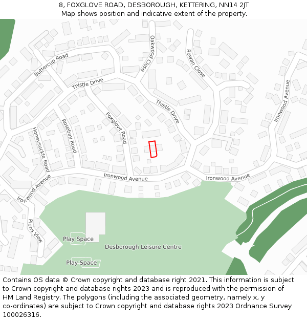 8, FOXGLOVE ROAD, DESBOROUGH, KETTERING, NN14 2JT: Location map and indicative extent of plot